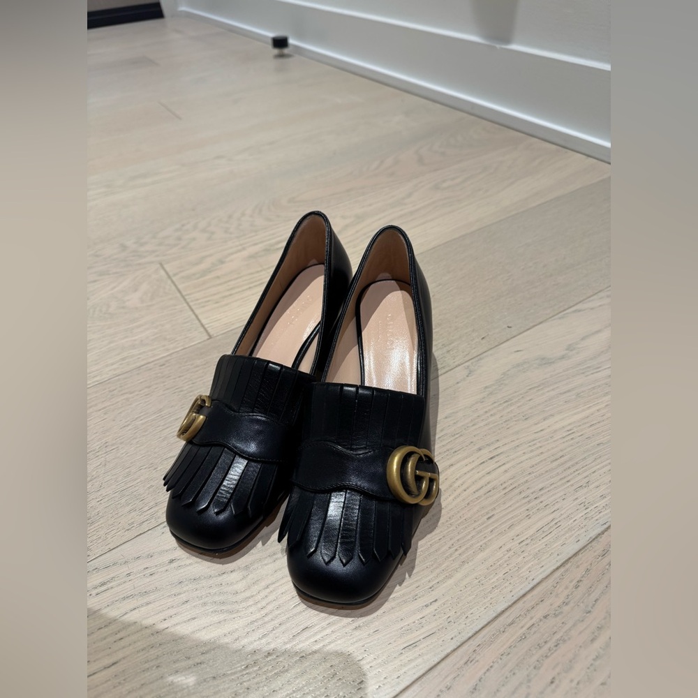 Gucci Marmont Black Leather Fringe Loafers with Gold Logo